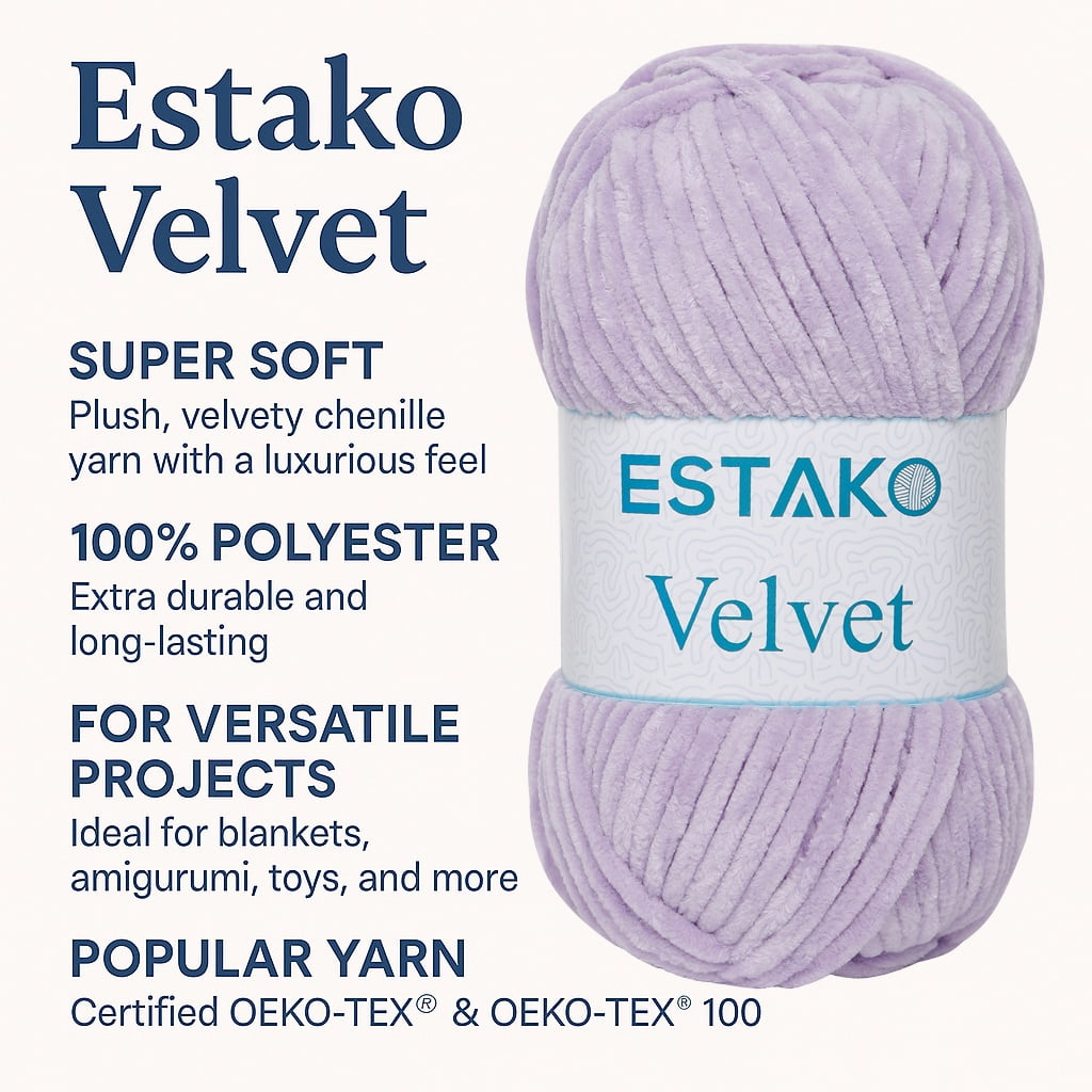 Estako Velvet (3- Skeins Pack) Chenille Blanket amigurumi Yarn for Crocheting and Knitting Super Bulky 3x100 gr (3x132 yds) (1120 - Light Grey)