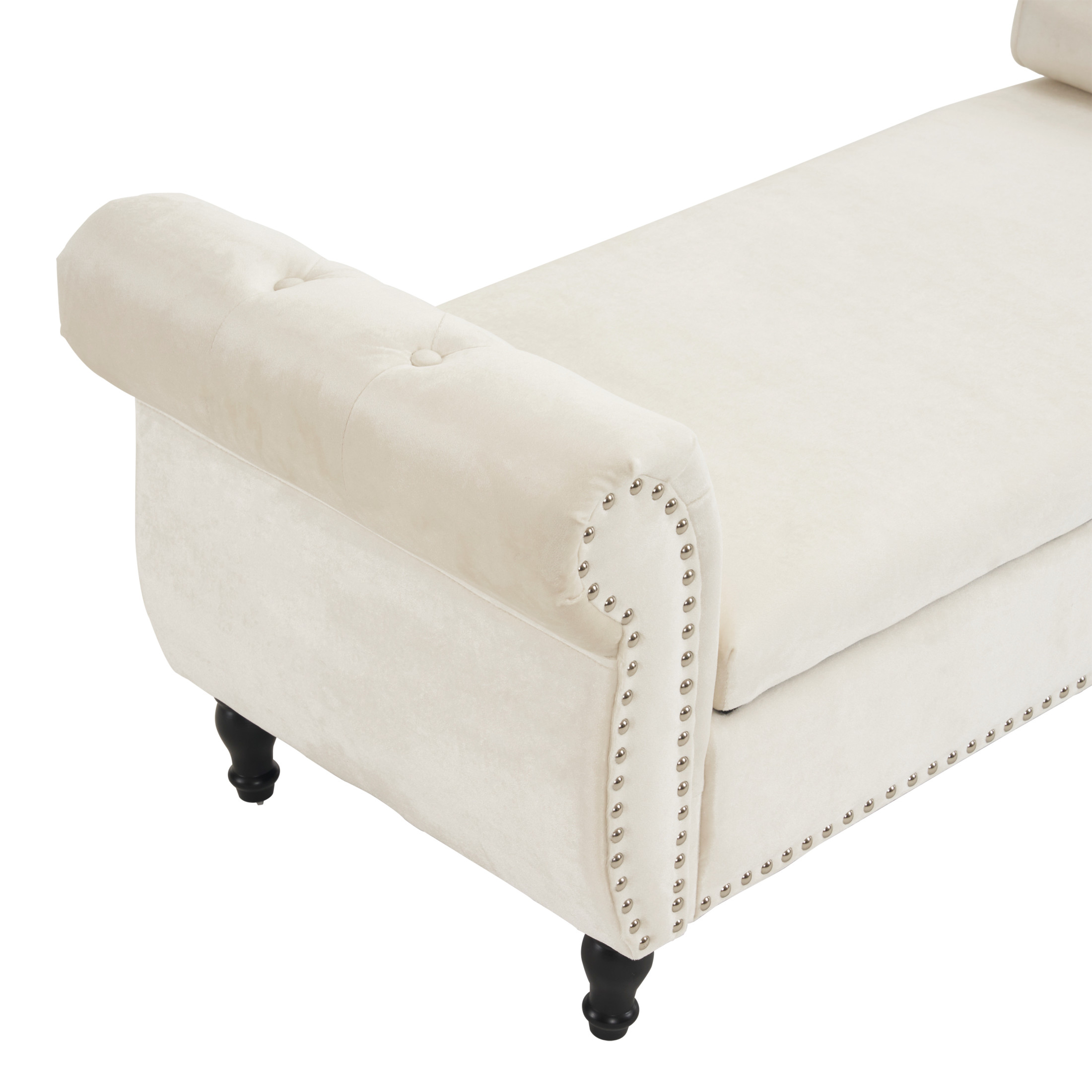 Elegant Beige Velvet Storage Ottoman with Nailhead Trim & Pillow
