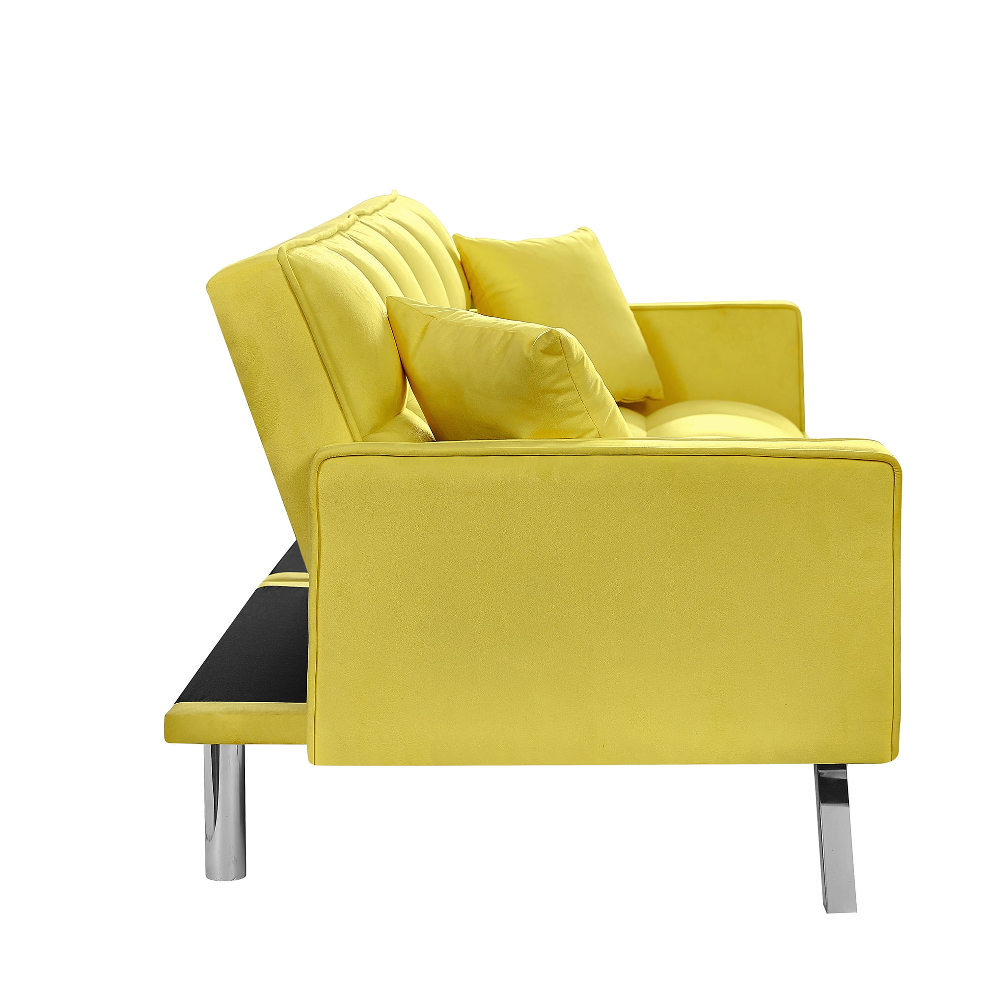Kepooman Modern Convertible Velvet Futon Couch with 2 Pillows for Office Living Room Bedroom, Yellow Kepooman Modern Convertible Velvet Futon Couch with 2 Pillows for Office Living Room Bedroom, Yellow