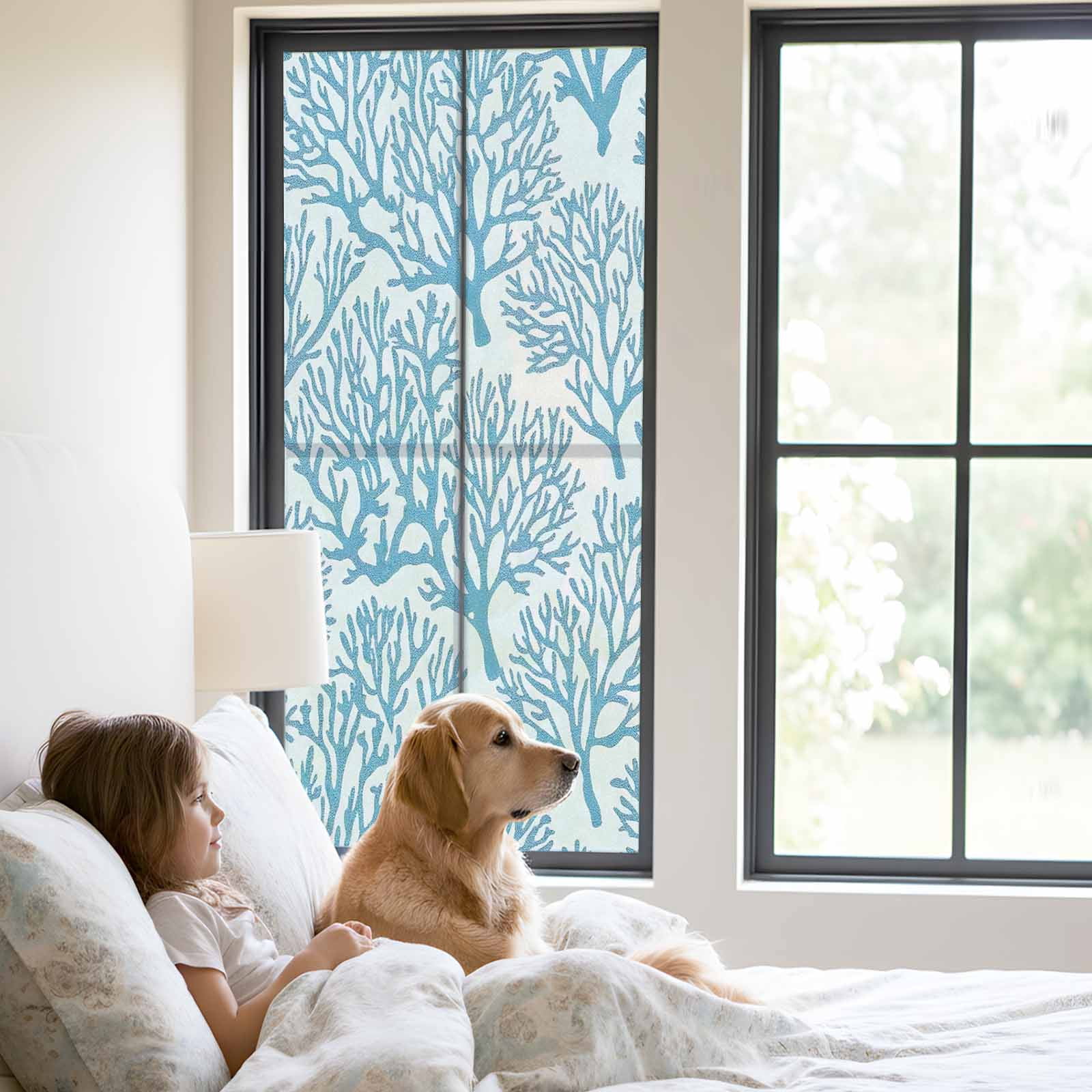 Watercolor Coral Window Privacy Film, Light Blue Coastal Frosted Glass Window Clings Static Cling UV Heat Blocking Reusable Door Sticker for Bathroom 23.6 x 59 Inch