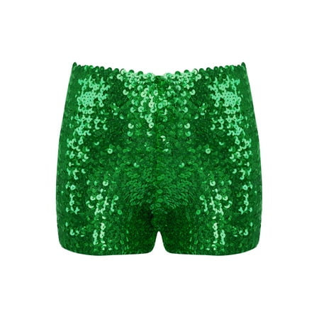 TiaoBug Kids Girls Sequin Shorts Athletic Sports Gym Boxer Shorts Girls Jazz Hip Hop Dance Costume Green 145-160/16