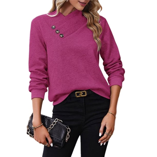 Camisas de Larga para Mujer, Conjuntos de Otoño, Camisetas con Cuello en V, Blusas Tipo Túnica con Botones, Ropa de Moda Rosa Roja M