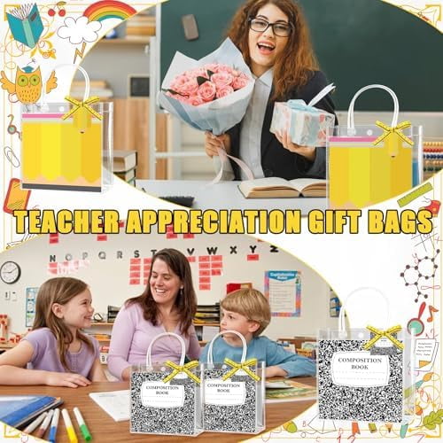 24 Pcs Teacher Appreciation Gift Bags, Teacher Gift Bags Bulk Double-Sided Clear PVC 4 Styles Gifts Bag with Handle Measuring Tape Ribbon Cards for Teachers Graduation End of Year Back to School Gif