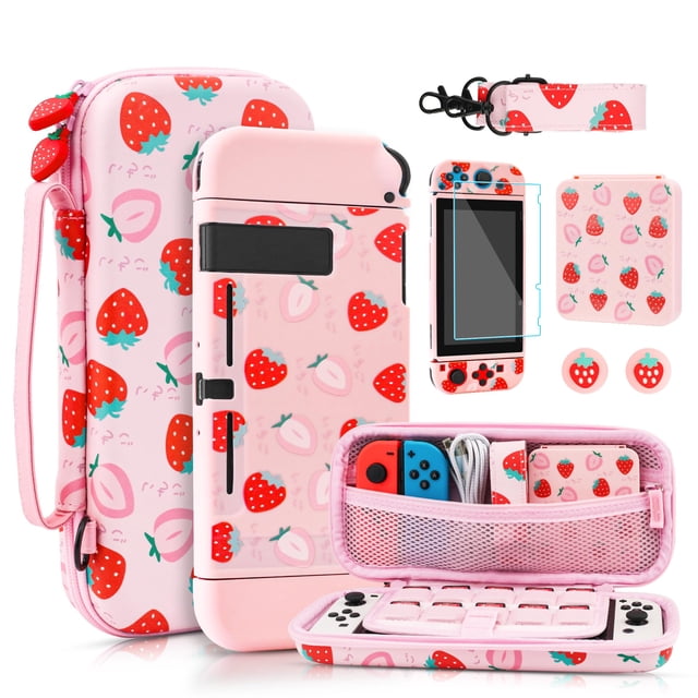 RHOTALL Cute Strawberry Carrying Case for Nintendo Switch, Hard Portable Travel Case for Switch Accessories with Protective Shell, Shoulder Strap, Game Card Case, Screen
