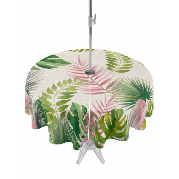 Outdoor Tablecloth with Umbrella Hole for Patio/Picnic/Party/Camping, Green Pink Monstera Leaves Waterproof Table Cloth Round Cover Washable, Summer Botanical Tropical Rustic (Dia 60")
