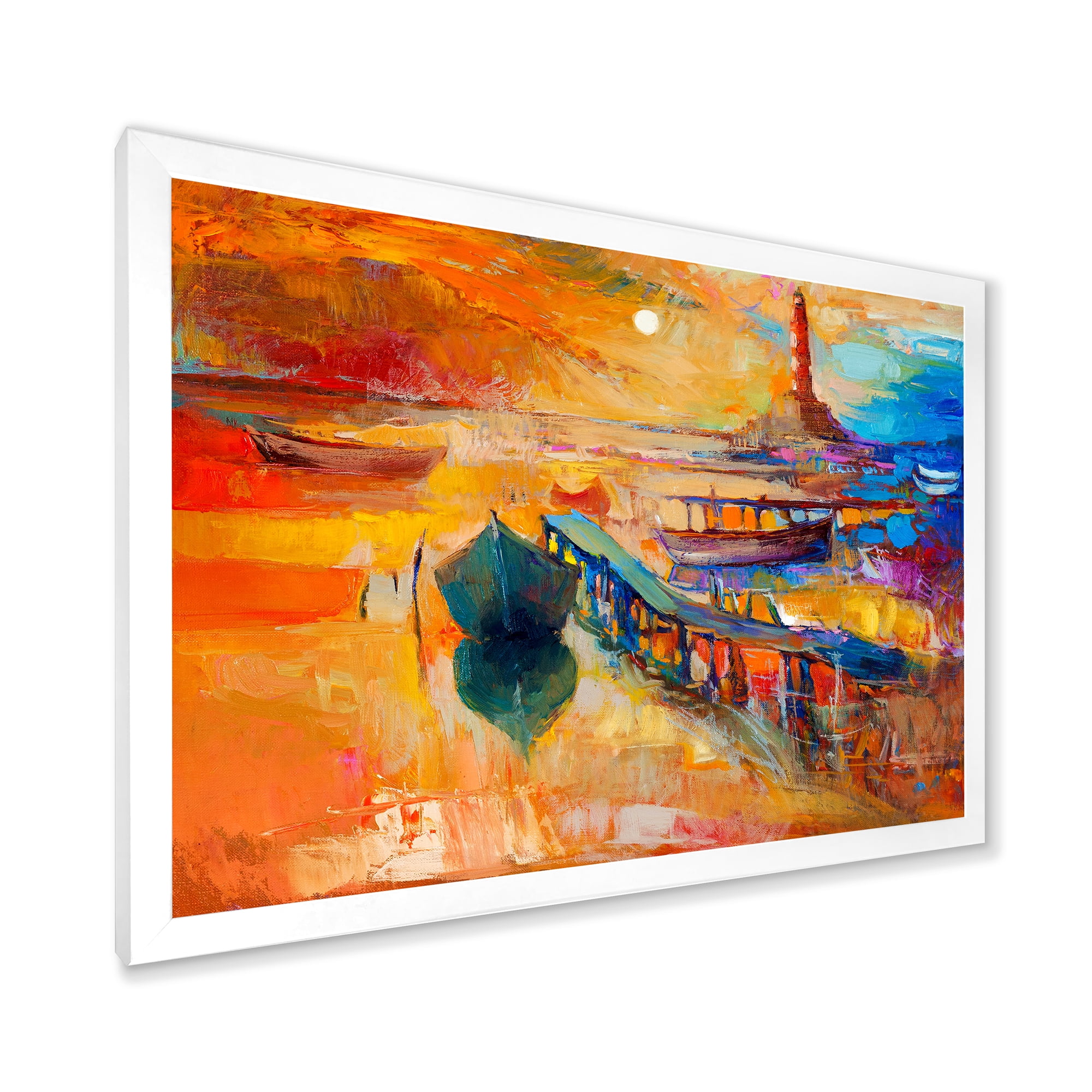 Designart 'Boats Near Coastal Town Resting On The Water III' Nautical & Coastal Framed Art Print