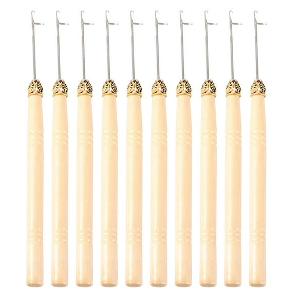 10PCS Wig Crochet Needles DIY Loop Needle Hook Tool with Wood Handle for Doll Hair Style Hair Extension Micro Braids