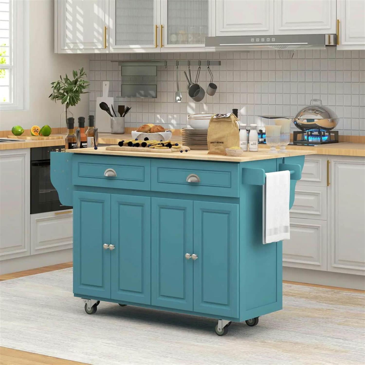 Demi Bonn 57" Rolling Kitchen Island with Drop Leaf, Mobile Cart in Rubber Wood, 2 Drawers & 2 Cabinets, Island Table for Kitchen & Dining, Blue