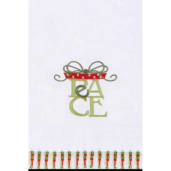 Christmas Present "Peace " Embroidered 100% Cotton Beaded Guest Dishtowel