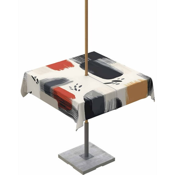 Outdoor Tablecloth with Umbrella Hole & Zipper, Grey Black Geometric Square Tablecloth 54x54 Inch, Vintage Abstract Orange Artwork Patio Table Cover Waterproof Table Cloth for Picnic/Party