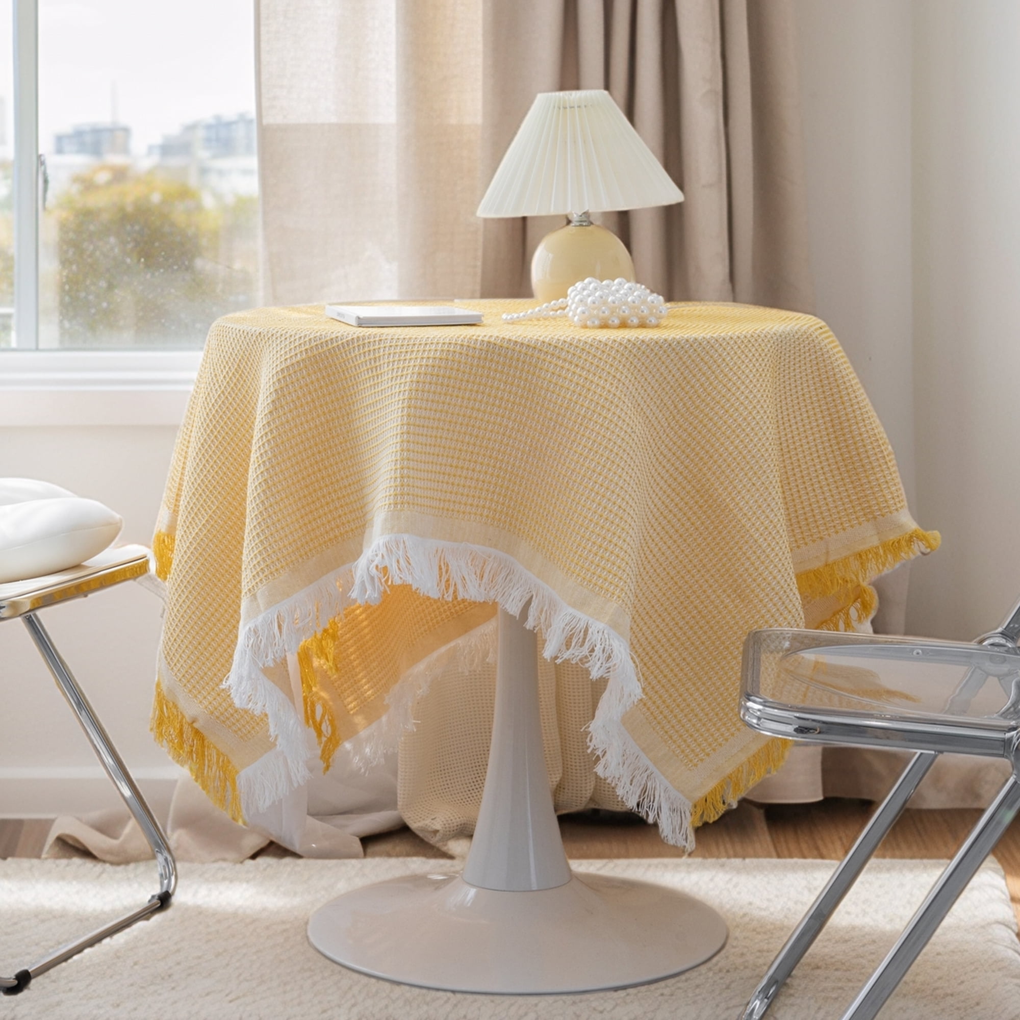 Unique Bargains Waffle Table Cover for Indoor and Outdoor Yellow 70.9"x51.2"