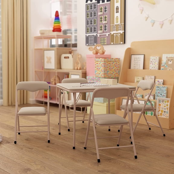 HBCY Creations 5 Piece Kid's Folding Table and Chairs Set - Tan Design - Lightweight & Portable - Safety Lock Feature - Seating for 4