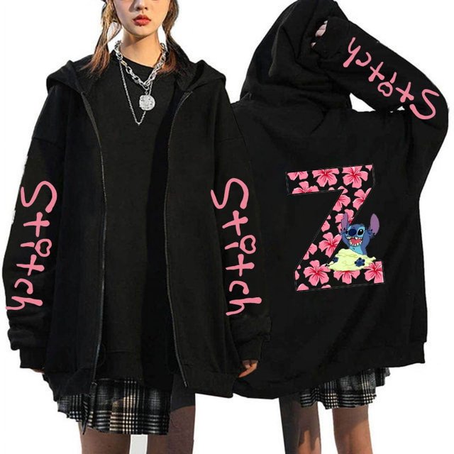 Sudaderas de los 90 Sudaderas con capucha con cremallera para mujer Sudadera con capucha con letras lindas de Disney Lilo & Stitch Chaquetas con cremallera Ropa de calle para
