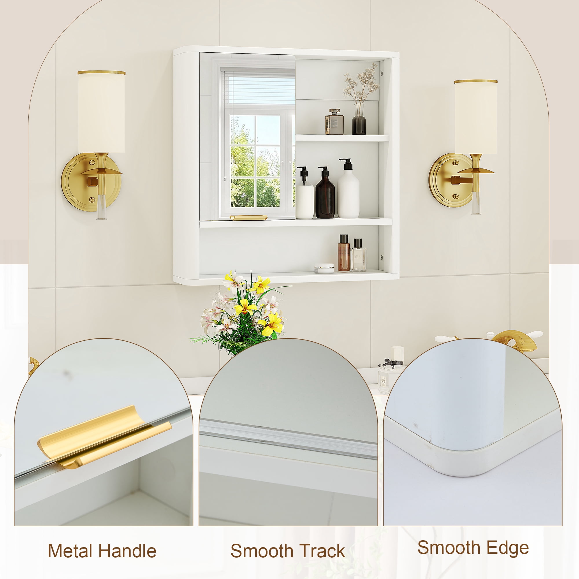 Leumius Wall Mounted Mirror Cabinet,Bathroom Storage Cabinet with Single Door and Open Shelves, Multipurpose Wall Organizer for Bathroom Vanity Laundry Room White