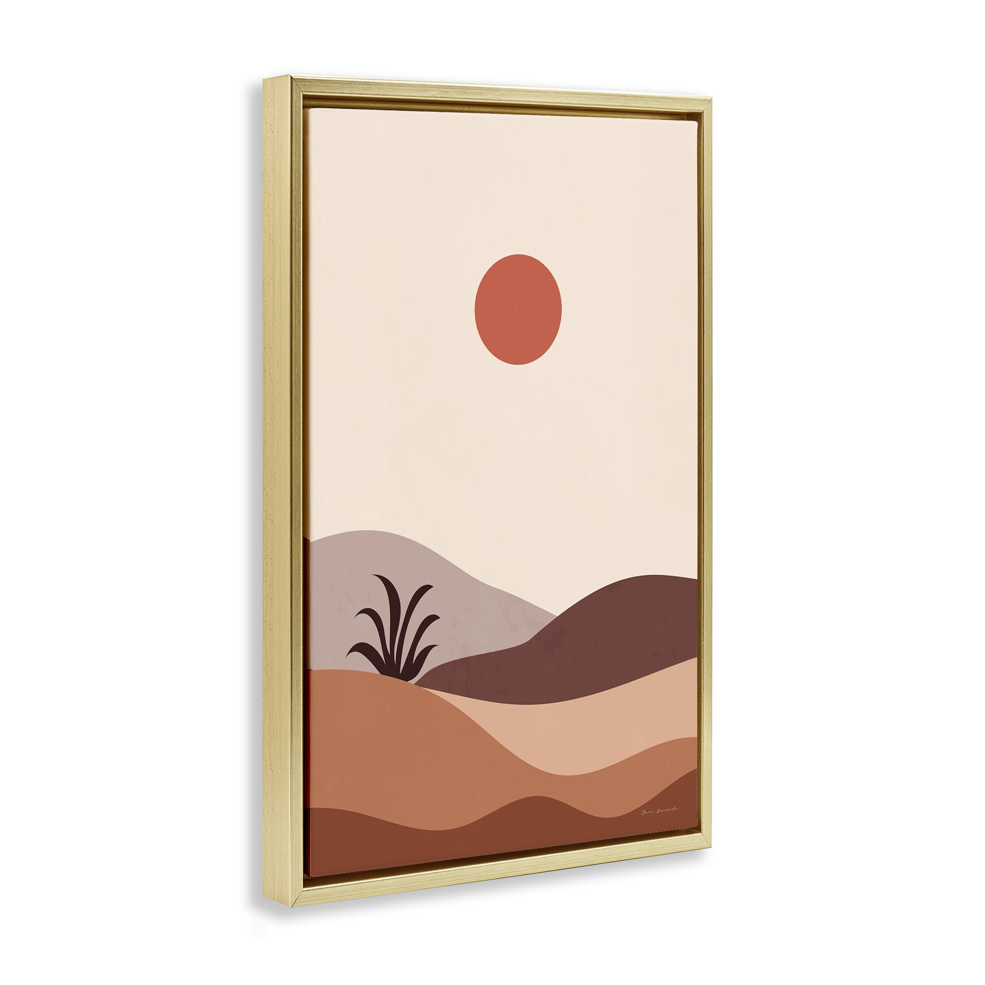Stupell Industries Boho Desert with Plant Landscape & Nature Painting Gold Floater Framed Canvas Art Print Wall Art, 21 x 31