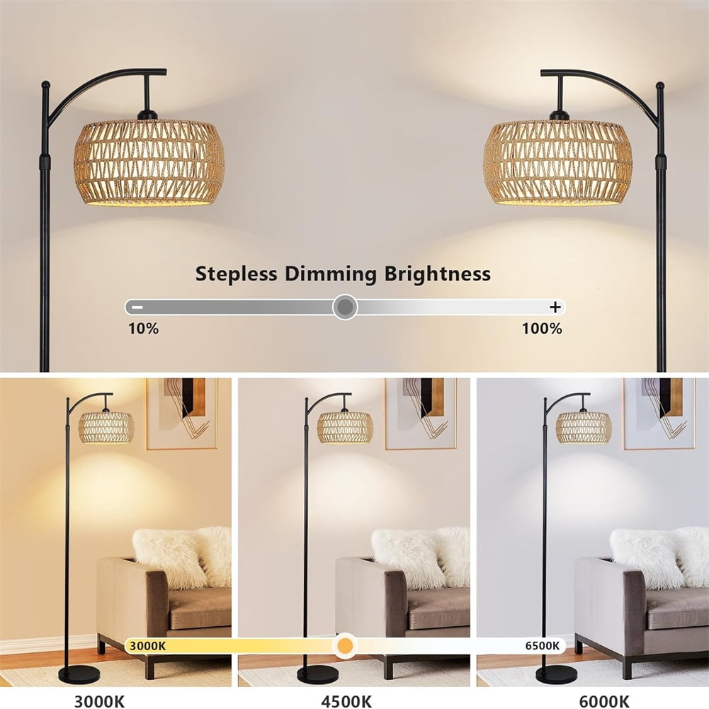 M optimized Arc Floor Lamp for Living Room with 3 Color Temperature with Rattan & Fabric Shades Remote Control ON/Off Foot Switch for Office Home