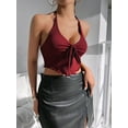 thumbnail image 4 of Y2k Front Tie Crop Tops Halter Neck Flowy Plisse Summer Going Out Top Split Sleeveless Shirt Wine Red S, 4 of 8
