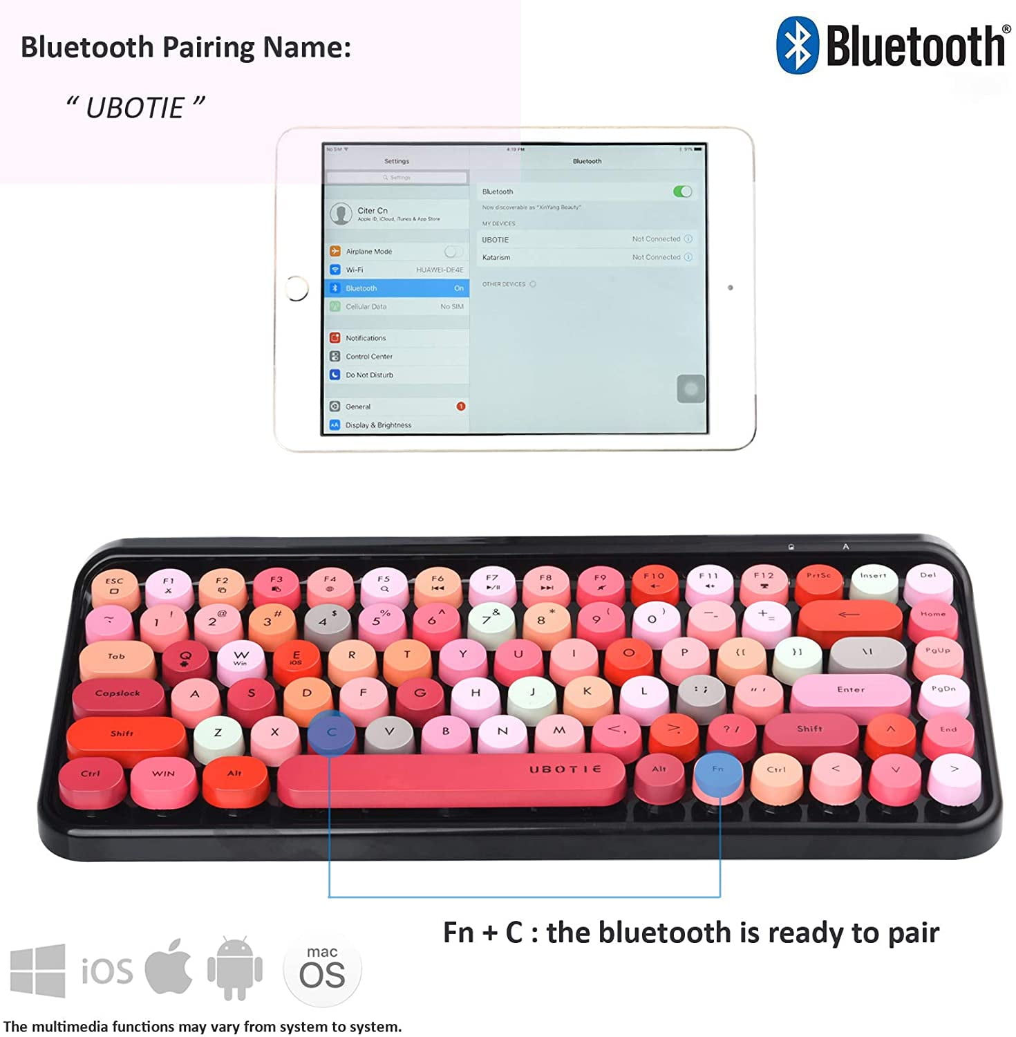 UBOTIE Portable Bluetooth Colorful Computer Keyboards, Wireless Mini  Compact Retro Typewriter Flexible 84Keys Design Keyboard (Black-Colorful)