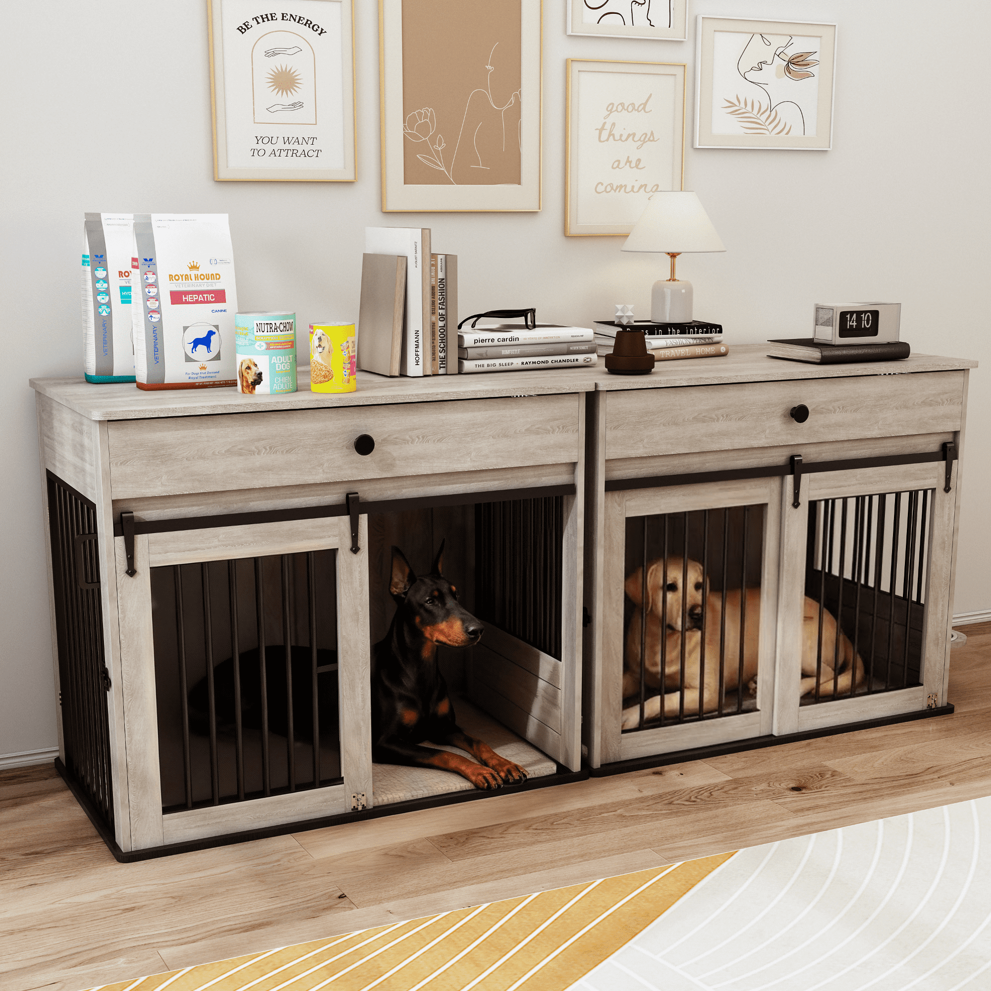 WHIFEA Modern Wooden Dog Crate Furniture with Sliding Barn Door & Side Access, Rotating Feeder Kennel for Medium-Large Dogs, Farmhouse Style, Grey