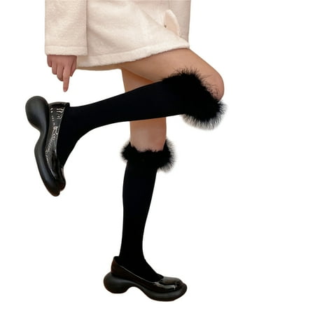 

Japanese Women Girls Furry Feather Trim Knee High Socks Uniform Preppy Style Solid Color Boots Stockings Leg Warmer