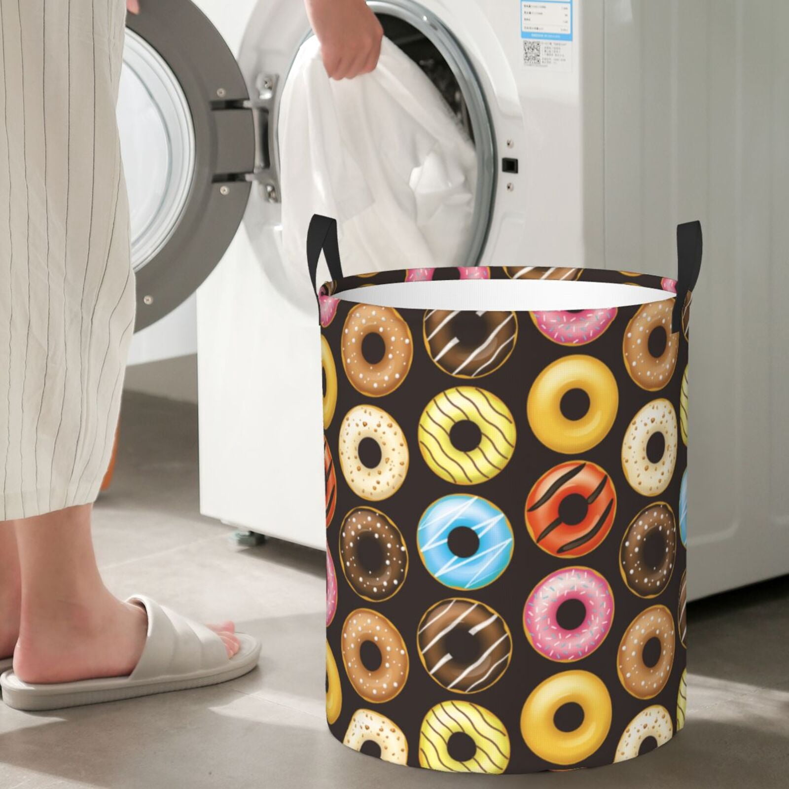 Large Laundry Basket with Handles - Donut Print No.9036 Kids Baby Dirty Clothes Laundry Hamper for Bedroom Aesthetic