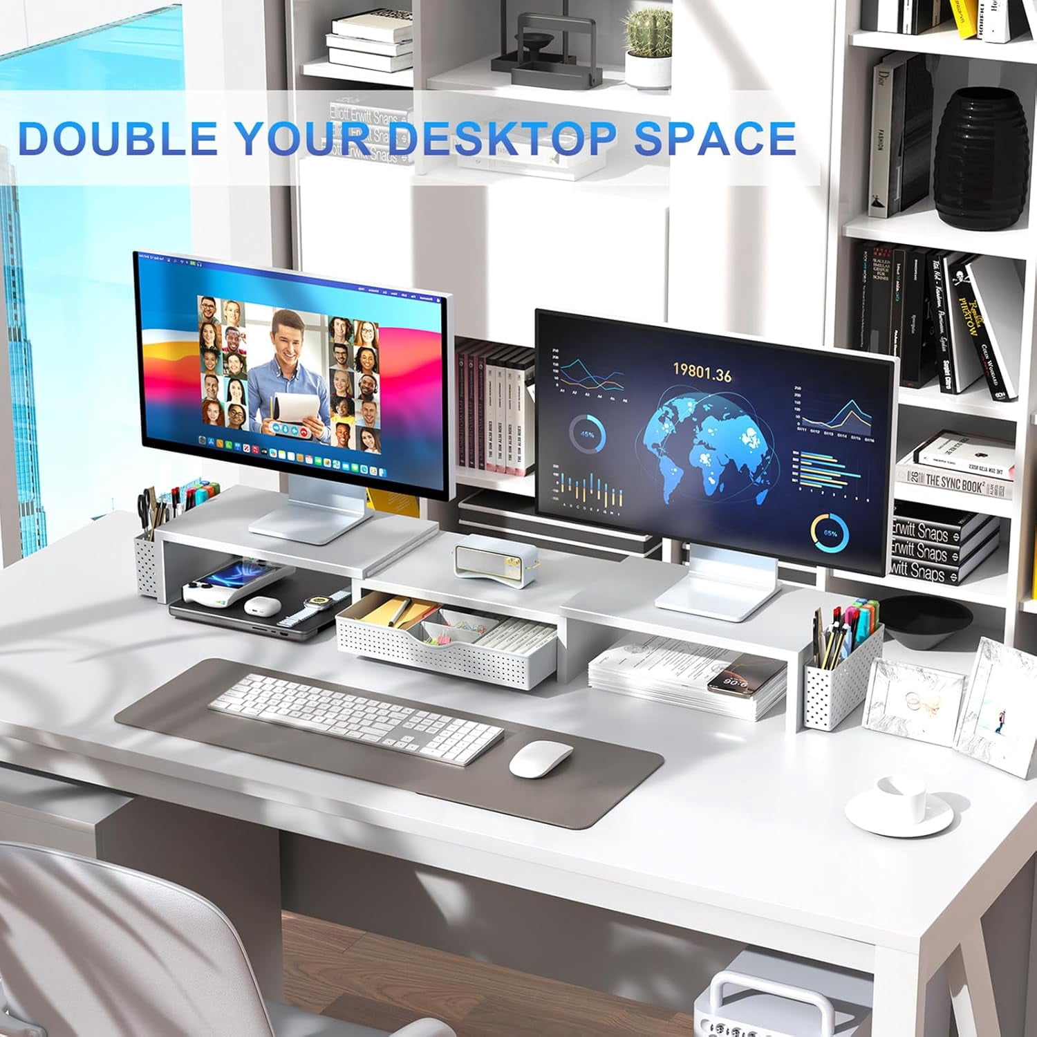 Dual Monitor Stand Riser with Drawer and Pen Holders, White Desk Organizer