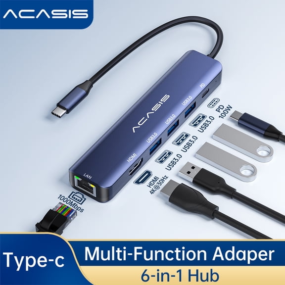 ACASIS USB-C Docking Station, 6-in-1 Hub with HDMI, 100W PD, USB 3.0, Ethernet, Compatible with iPhone, MacBook