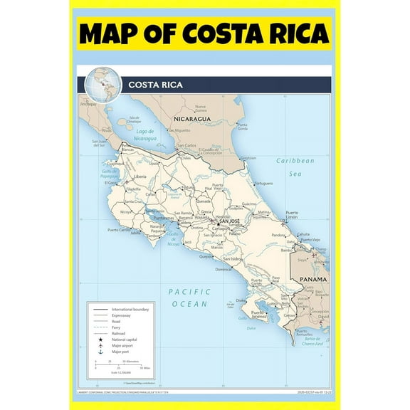 Costa Rica Map Poster - Laminated Wall Map - 18x24 - Ideal for Classrooms and Homes – Features Bright Colors and Vivid Imagery