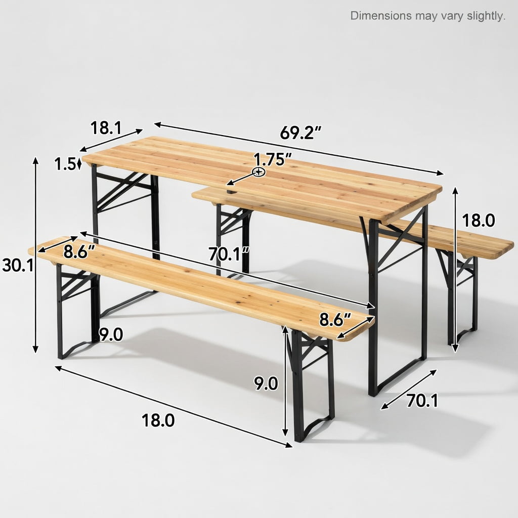 Hommoo 3-Piece Folding Wooden Picnic Table & Bench Set, Rustic Fir Wood Top with Iron Frame, Indoor/Outdoor Use, Natural