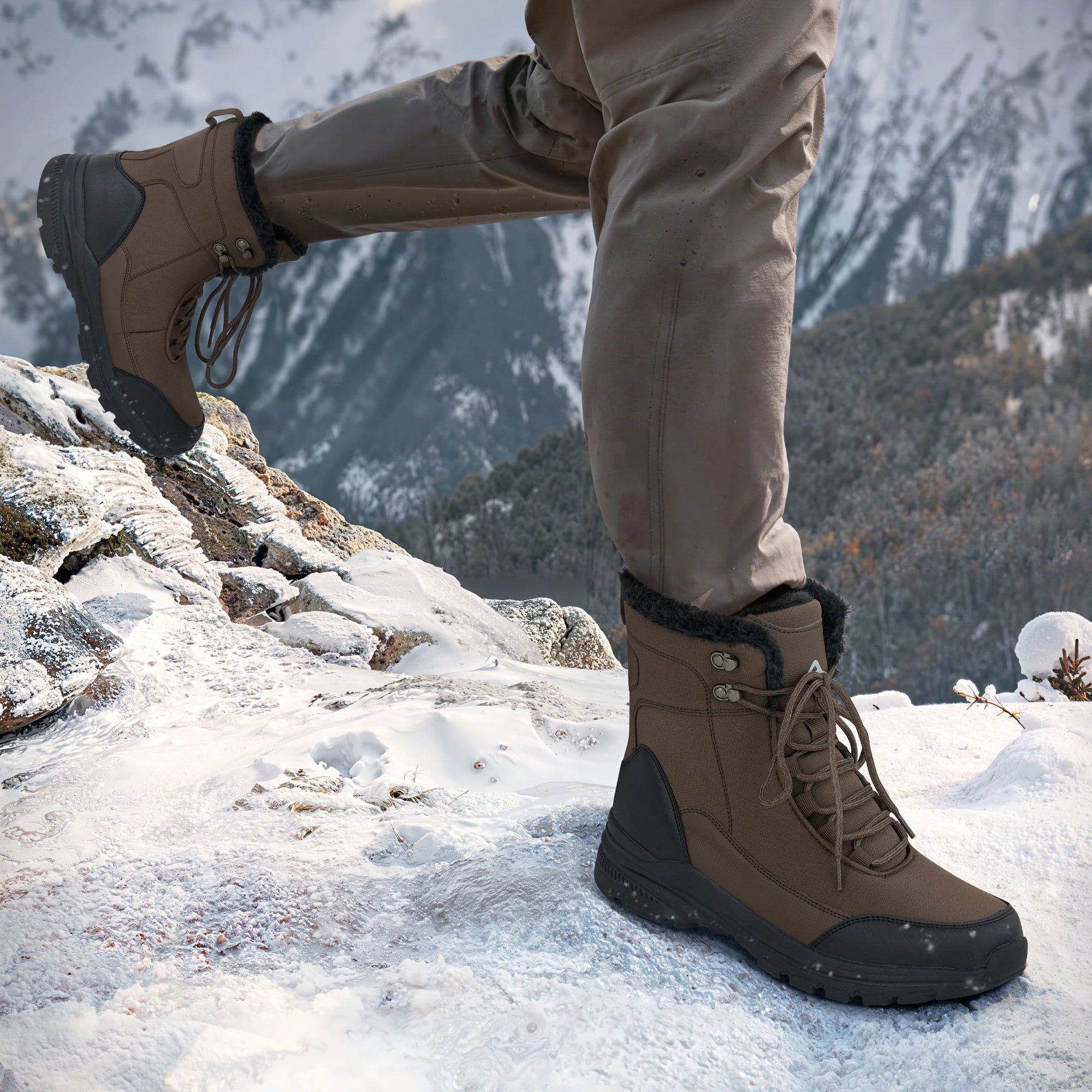 Ecetana Snow Boots for Men Winter Warm Faux Fur Lined Ankle Boots Outdoor Hiking Shoes