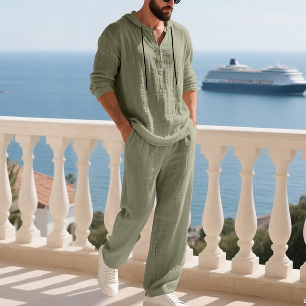 Ceisia Men's Loose Fit Cotton-Linen 2-Piece Set Hooded Henley Long Sleeve Shirt with Elastic Waist Wide Leg Pants Gifts