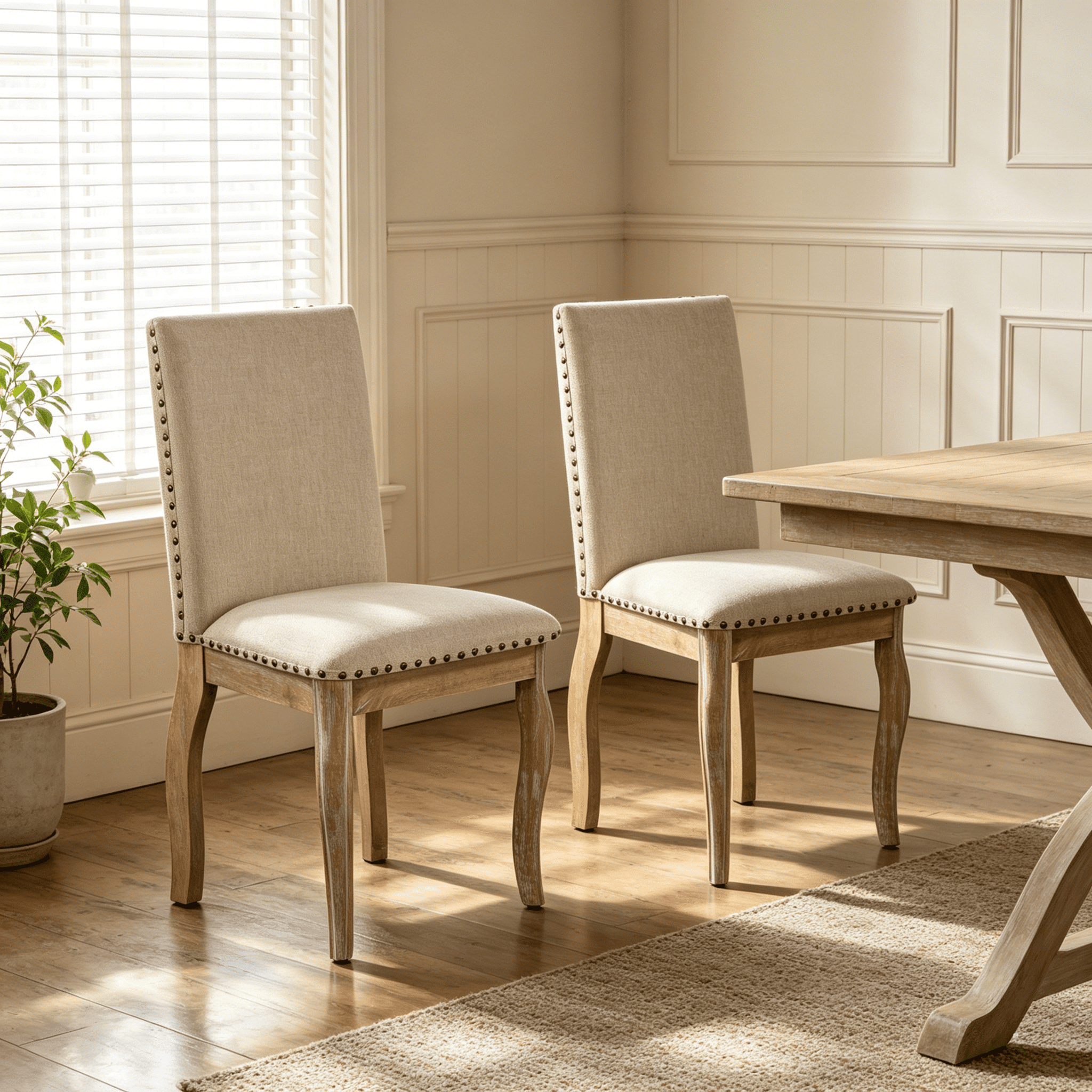 PORKISS Set of 2 Dining Chairs, High Back Upholstered Kitchen Chairs with Solid Wood Frame, Curved Legs and Bronze Nailhead Trim, Natural Finish with White Fabric
