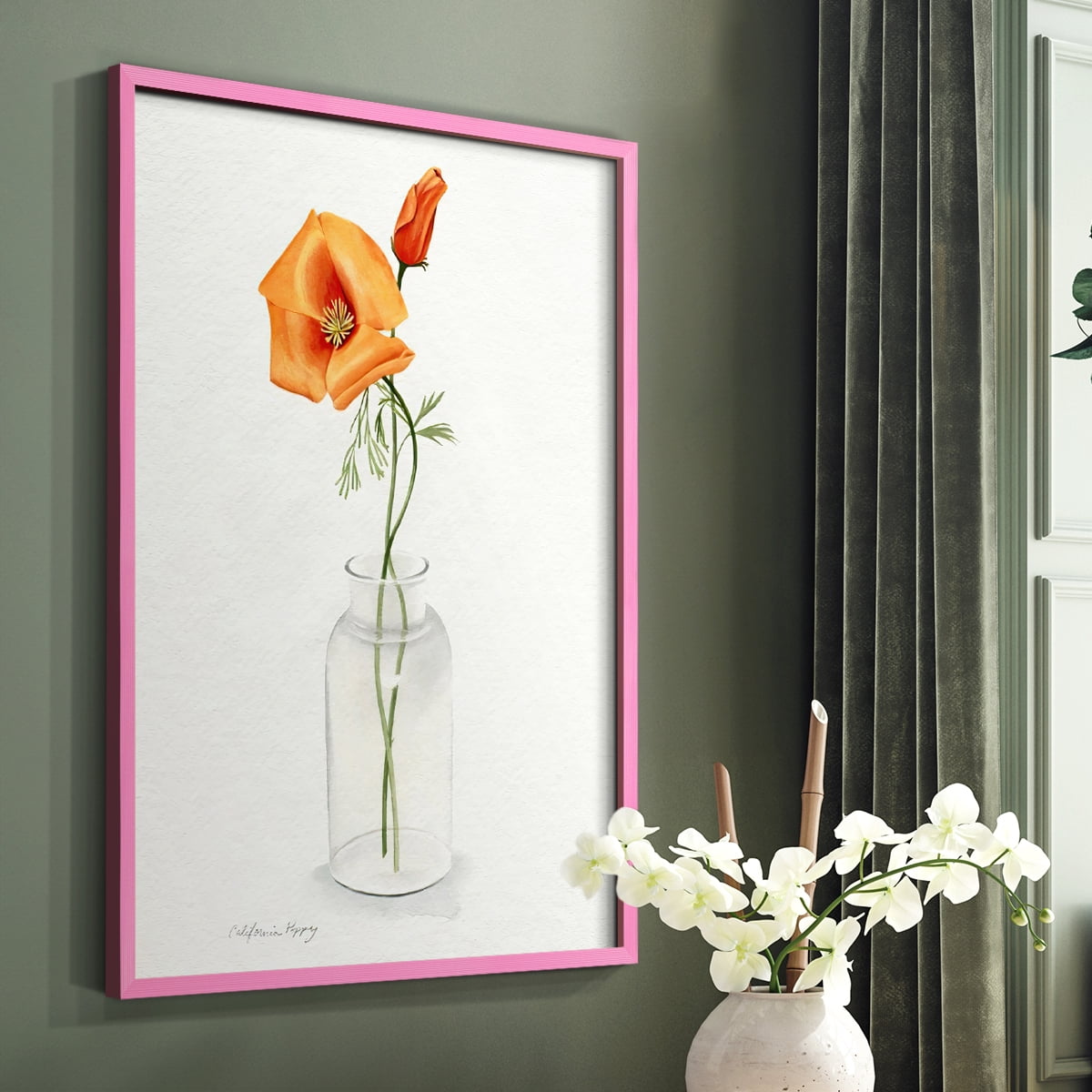 California Poppy Vase I Framed Print in Pink Solid Wood Framed Print No Nail Hanging