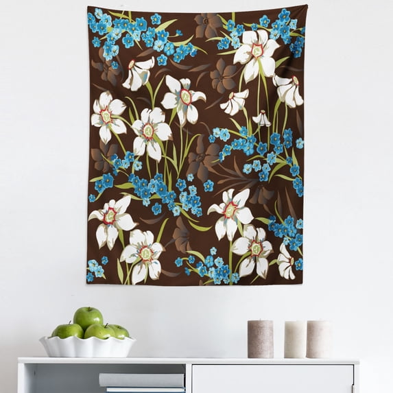 Brown and Blue Tapestry, Daffodils Cornflowers Pattern Nature Inspired Floral Bouquet Design, Fabric Wall Hanging Decor for Bedroom Living Room Dorm, 5 Sizes, Brown Blue Green, by Ambesonne