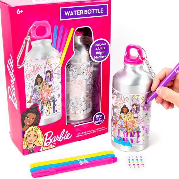 Barbie Colorea tu propia botella de agua, colorea tu propia botella de agua, ideal para viajes y viajes por carretera, deportes y escuela, idea de regalo creativa, actividades de artes y m Barbie NA
