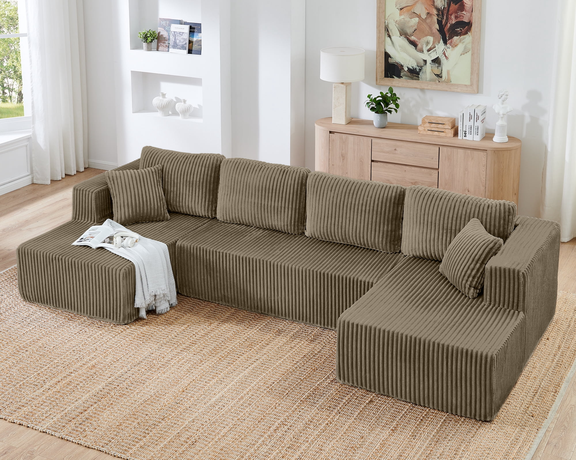 132" U-Shape Modular Sectional Sofa,Modern Compressed Sectional Sofa,Corduroy Sleeper Sofa Couch for Living Room,Bedroom,Brown