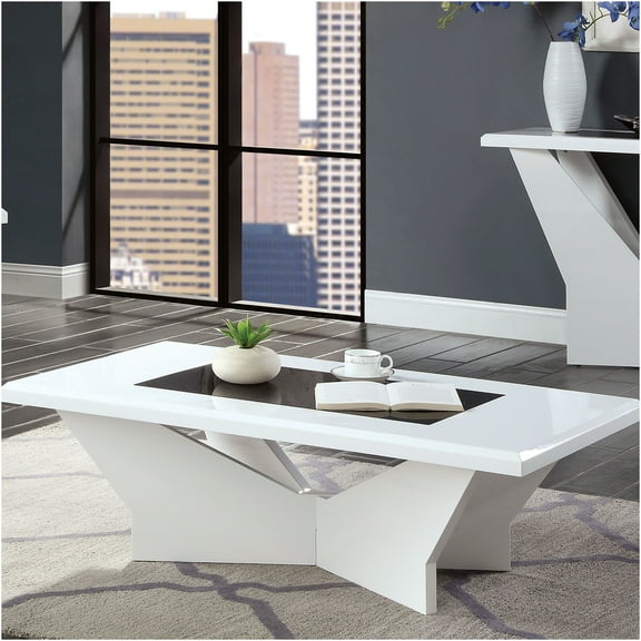 JERFIT Modern Coffee Table with Geometric Base, White High-Gloss Tempered Glass Top, Contemporary Accent Table for Living Room