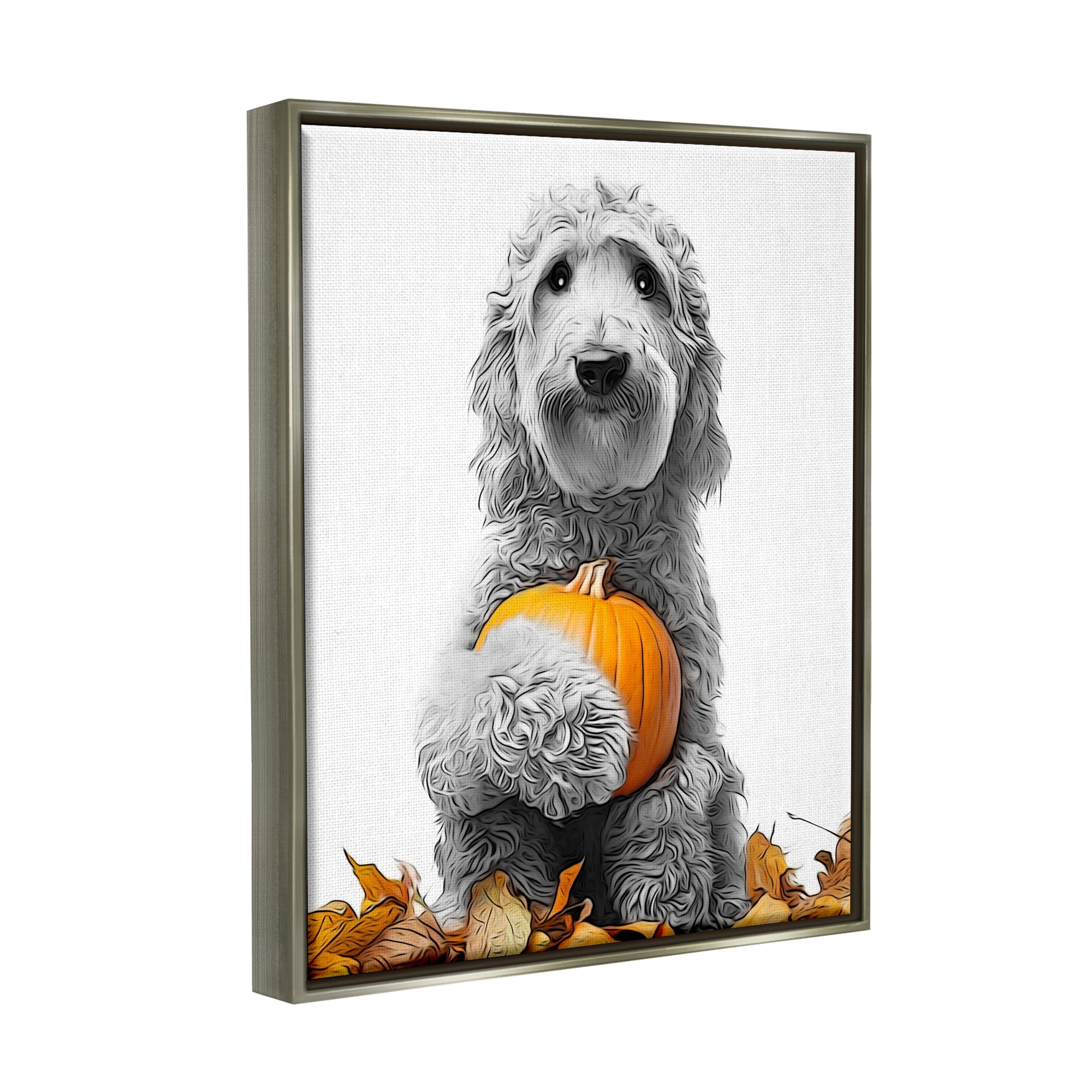 Stupell Industries Dog & Autumn Leaves Holiday Painting Gray Floater Framed Canvas Art Print Wall Art, 25 x 31