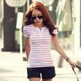 thumbnail image 2 of T-shirt Rayé pour Femmes à Boutons, Col en V, Coupe Ajustée, Haut Basique, Col pour Femmes, Manches Courtes, T-Shirts, Coton, Coupe Ajustée, Haut Basique, 2 of 4