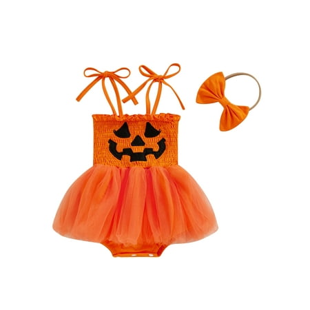 

MIPREWUY Baby Girl Halloween Outfit Pumpkin Embroidery Shirred Spaghetti Strap Romper Dress Bow Headband 2 Piece Set