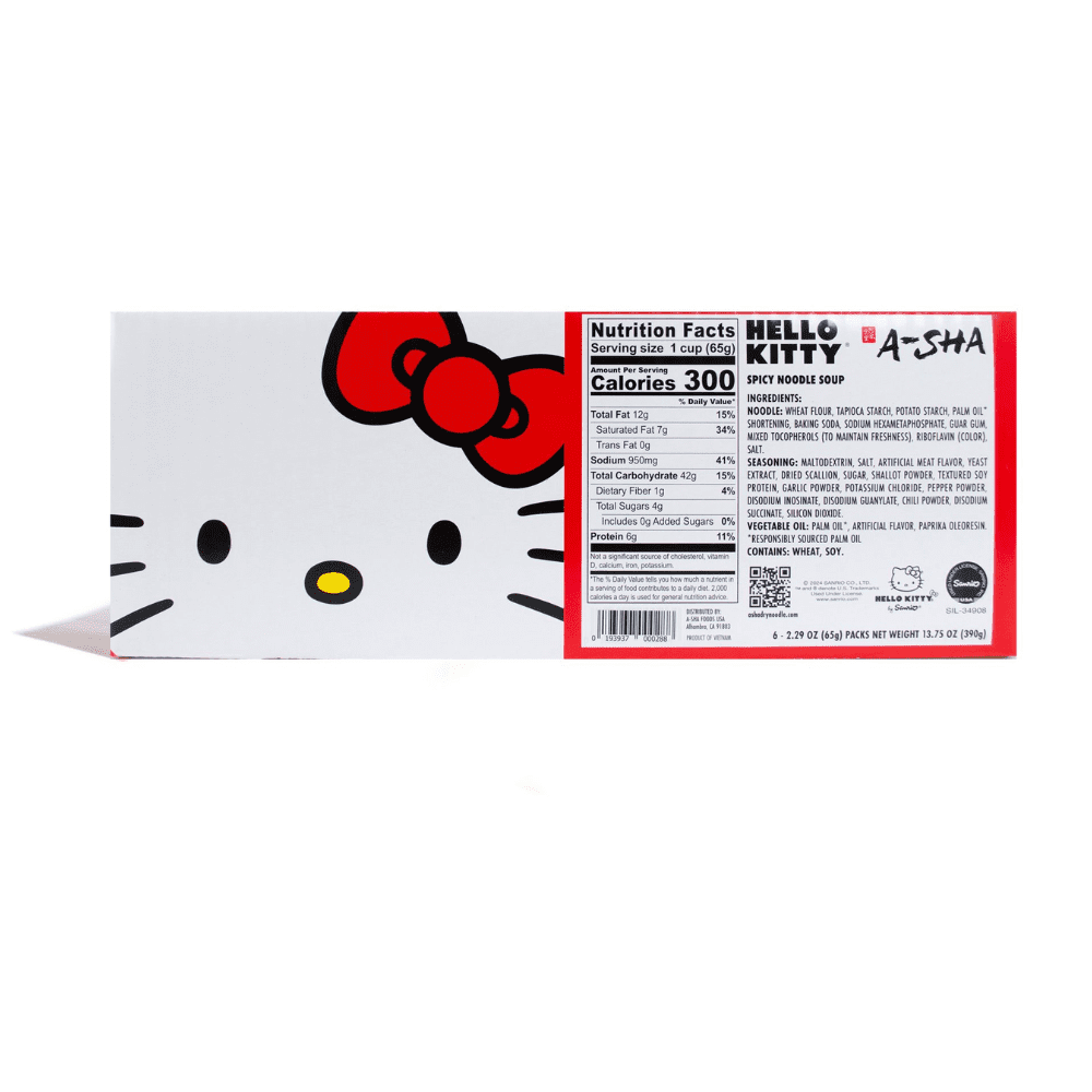 A-SHA Hello Kitty Instant Ramen Noodle Cup, 6 Pack Vegan Spicy Flavor, Premium Microwaveable Ramen Soup Mix