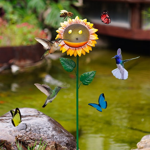 Comedero automático para pájaros al aire libre a prueba de lluvia diseño de girasol de hierro | Patio Jardín Patio Decoración de Balcón | Metal resistente a la intemperie | Atrae a las aves