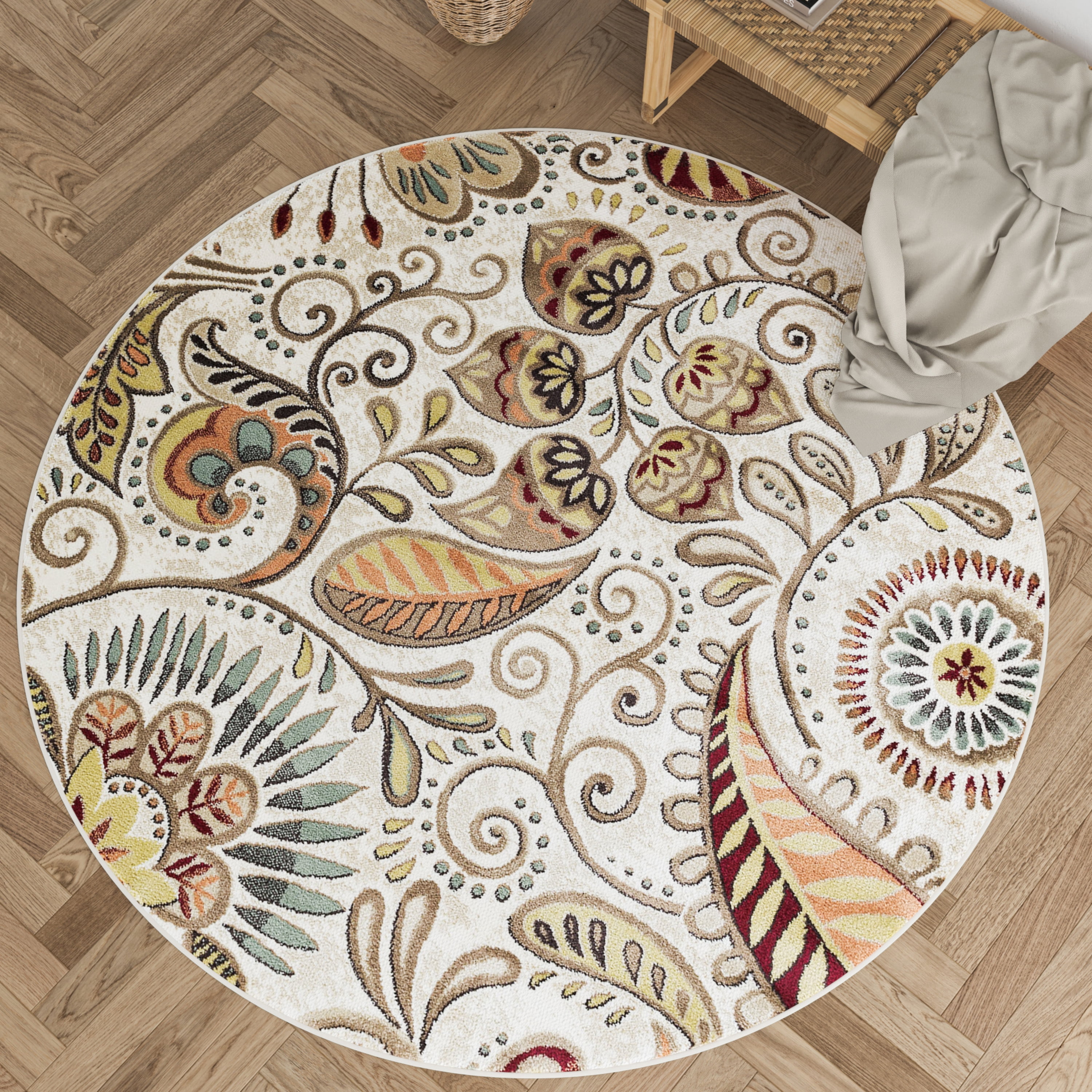 Capri Transitional 5' Round Ivory and Beige Polypropylene Indoor Area Rug