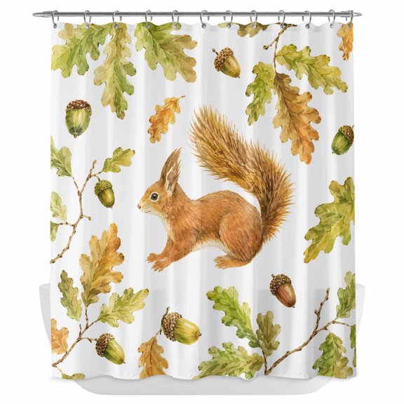 Thanksgiving Shower Curtain - Water Repellent Fabric Shower Curtains Washable, Fall Squirrel Green Orange Leaves Cones Decorative Polyester Cloth Bathroom Curtains Modern Bath Decor 72"x84"