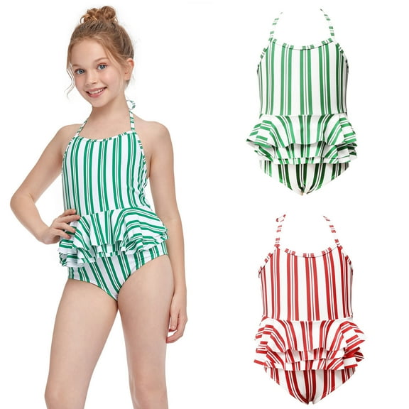 Isvgxsz New Swimwear For Girls Toddler Baby Kid Girls Ruffles Stripe One-Piece Swimsuit Bathing Beach Swimwear Green Bathing Suits For Kids One Piece