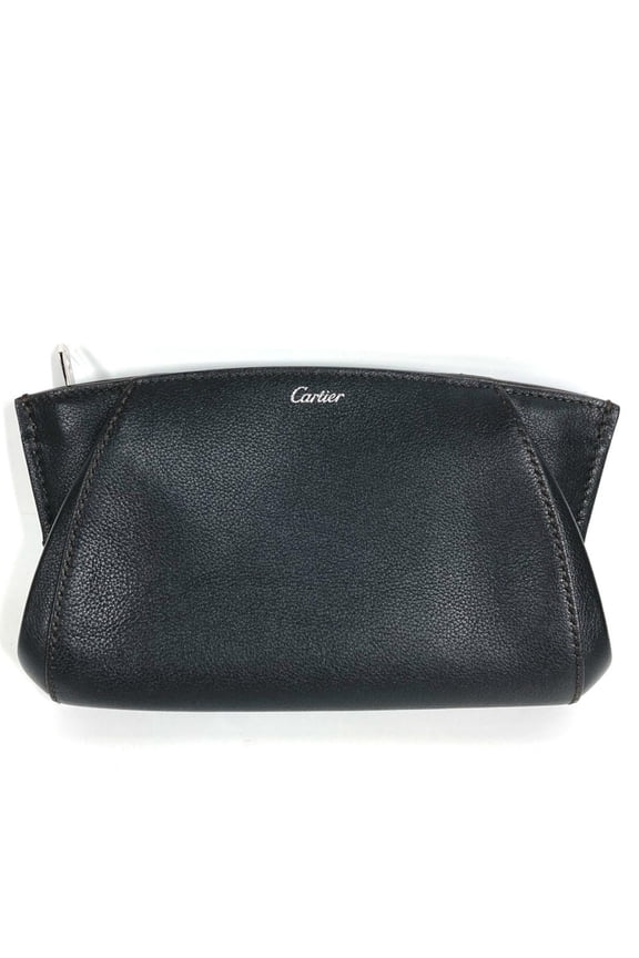Pre-Owned CARTIER C de logo clutch bag, handbag, pouch, leather, black, for men and women.