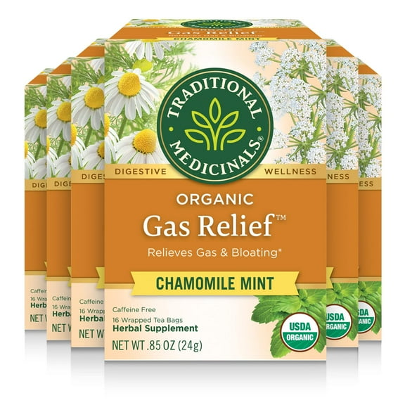 Traditional Medicinals Organic Gas Relief Digestive Tea (Pack of 6) - Relieves Gas & Bloating- 96 Tea Bags Total