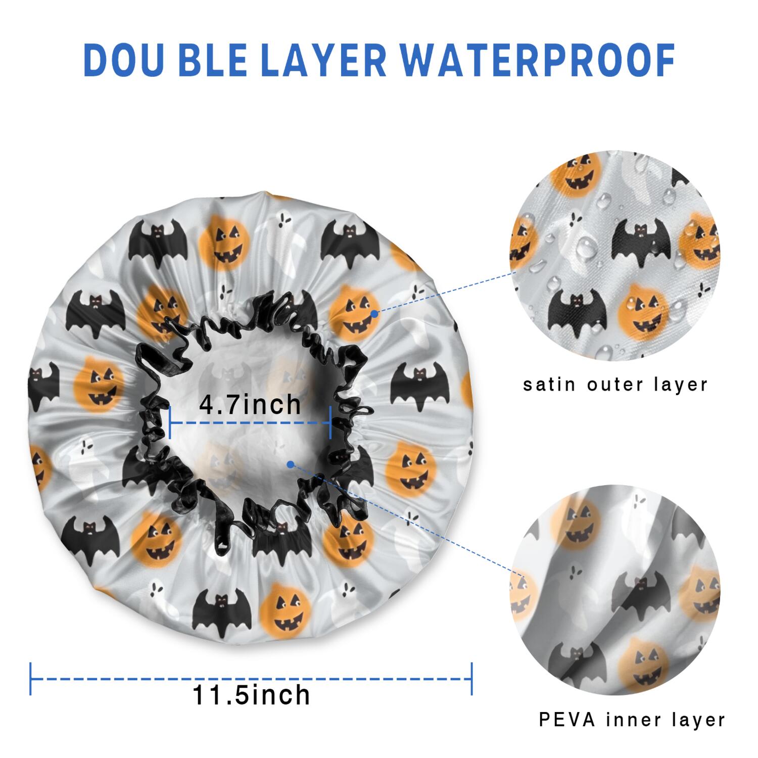Shower Caps,Halloween Pumpkins Ghosts and Bats Waterproof Shower Cap for Women 4 Pieces,Double Reusable Hair Cover for Shower PEVA Elastic Stretch Hem