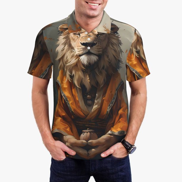 Balery Jungle Meditating Lion Camisa Polo de Hombre con Estampado, de Manga Corta y Tejido Medio, Camisa Tipo Golf Polo-3X-Large