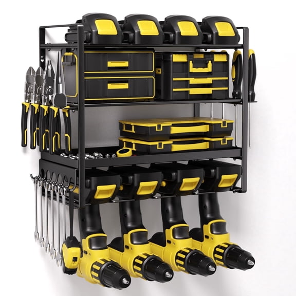 Heavy Duty Power Tool Organizer 400LB Capacity - Metal 4-Tier Wall Mount Garage Tool Storage with Drill Holder, Screwdriver & Pliers Rack, Black